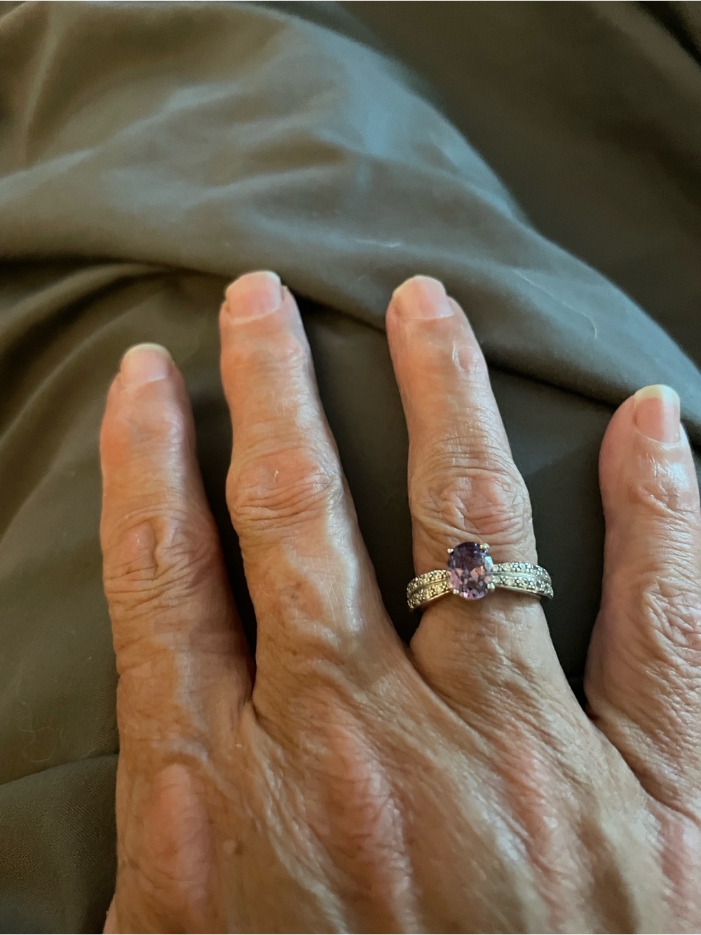 Silver Ring with Oval Light Purple Gem and Pavé Band - Women's Jewelry